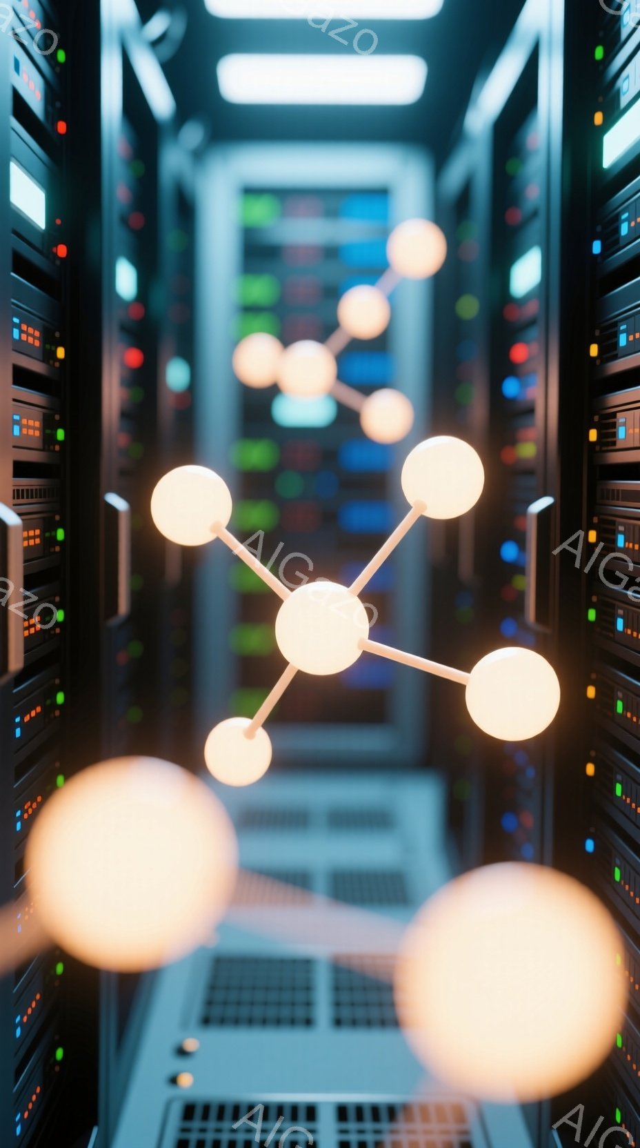 画像はサーバーラックの通路を捉えており、多数のサーバーが壁に沿って並んでいます。明るい光を放つ球体状のオブジェクトが前景にぼやけて配置され、まるでネットワークの接続を表すように見えます。全体的に青、白、オレンジ色の光が点在し、ハイテクで未来的な雰囲気を醸し出しています。