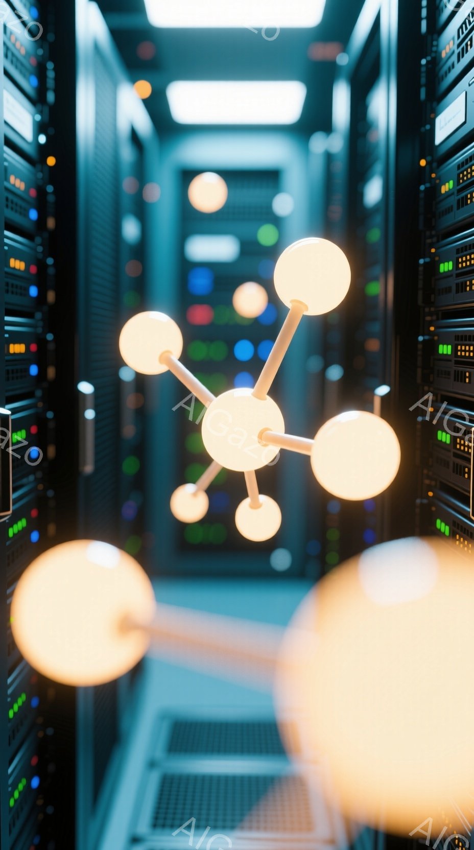 サーバー室のような背景に、球体で構成された複雑な構造物が前景にぼんやりと浮かび上がっています。サーバーは様々な色のライトで点滅しており、全体的に未来的で技術的な雰囲気を醸し出しています。構造物はまるで分子モデルのように見え、データやネットワークの概念を連想させます。