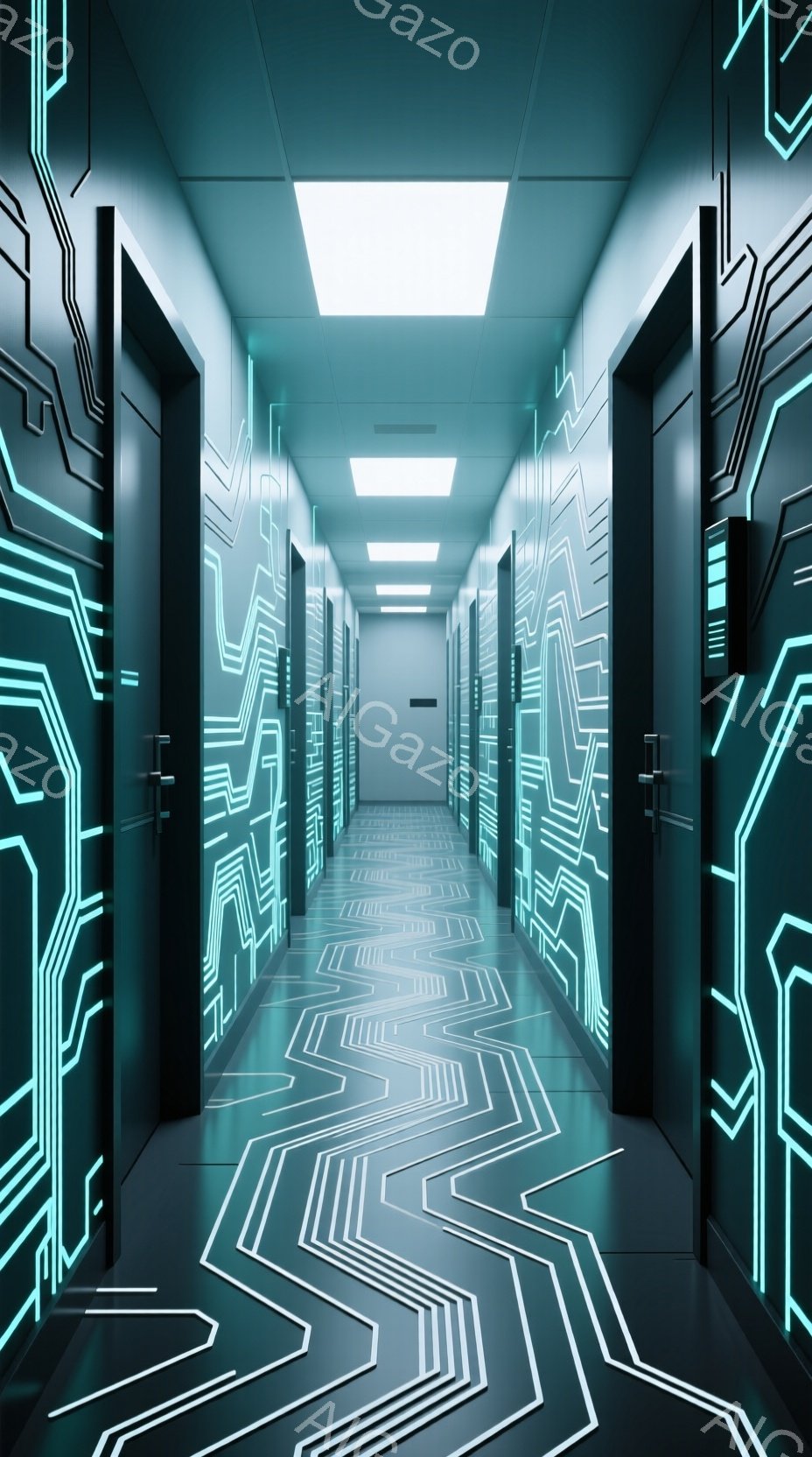 黒い壁と床に、鮮やかな青緑色の電子回路のような模様が幾何学的に描かれた長い廊下が続いている。天井には均一な白い光が差し込み、未来的な雰囲気を醸し出している。部屋自体は人影がなく、ミニマルで無機質でありながら、光と模様によってどこか神秘的な印象を与える。
