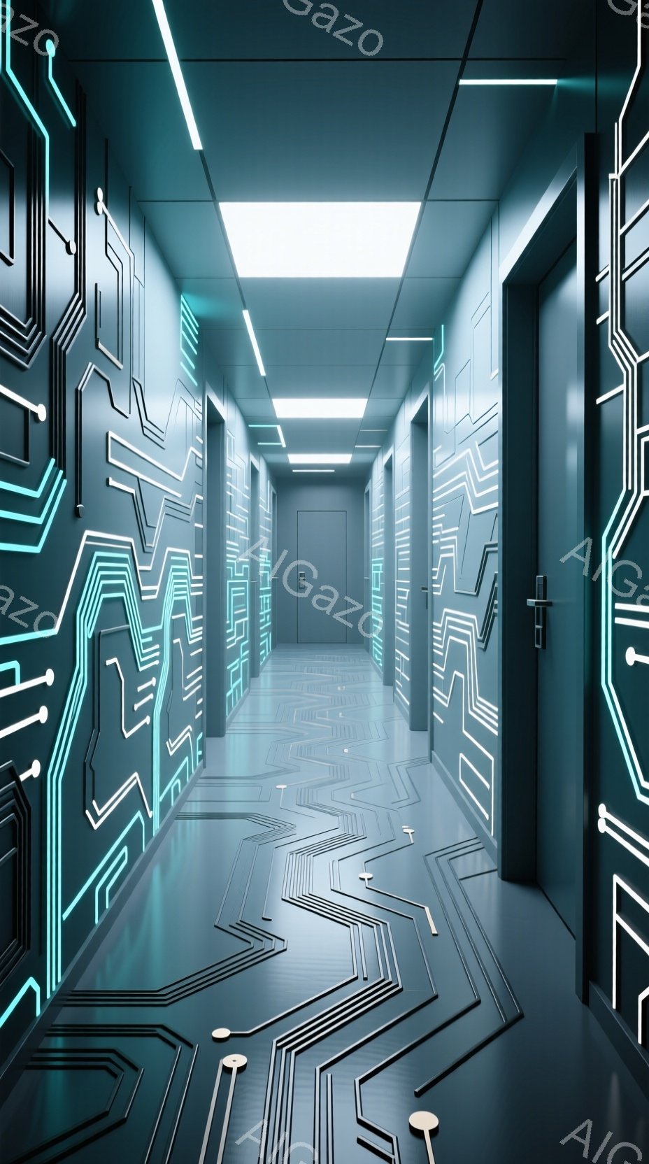 この画像は、明るいネオンブルーの回路パターンが壁と床を覆う未来的な廊下を描いています。廊下は直線的で、壁には規則的に配置されたドアがあり、天井からは光が降り注いでいます。全体的に、技術的でクール、そして少し不気味な雰囲気です。