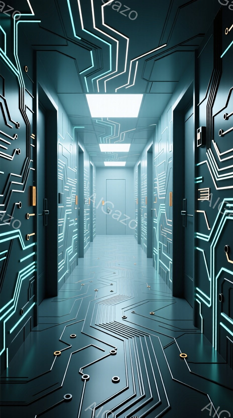 この画像は未来的な廊下を描いています。壁と床は、明るい青色の回路パターンで覆われ、滑らかで金属的な質感を示しています。廊下は両側にドアがあり、全体的に冷たく、技術的で、少し不気味な雰囲気です。