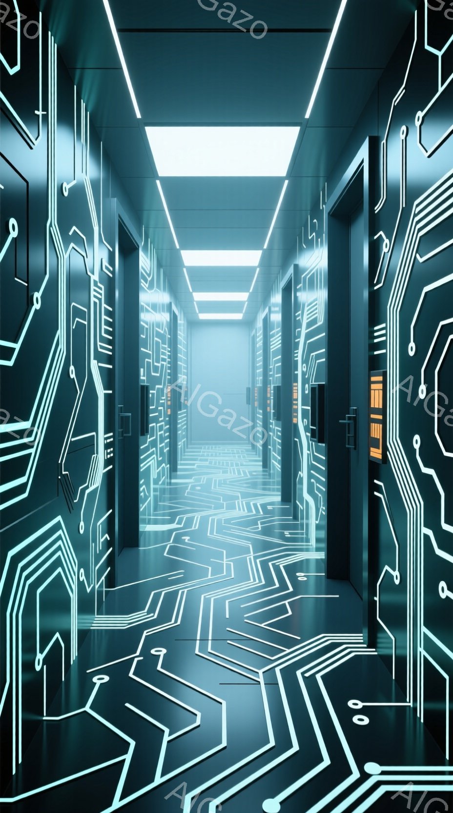 この画像は、未来的な廊下の内部を描写しています。壁と床は複雑な回路パターンで覆われ、鮮やかなネオンブルーの光で照らされています。遠近法により、廊下は無限に続き、神秘的で技術的な雰囲気を醸し出しています - AI生成フリー素材