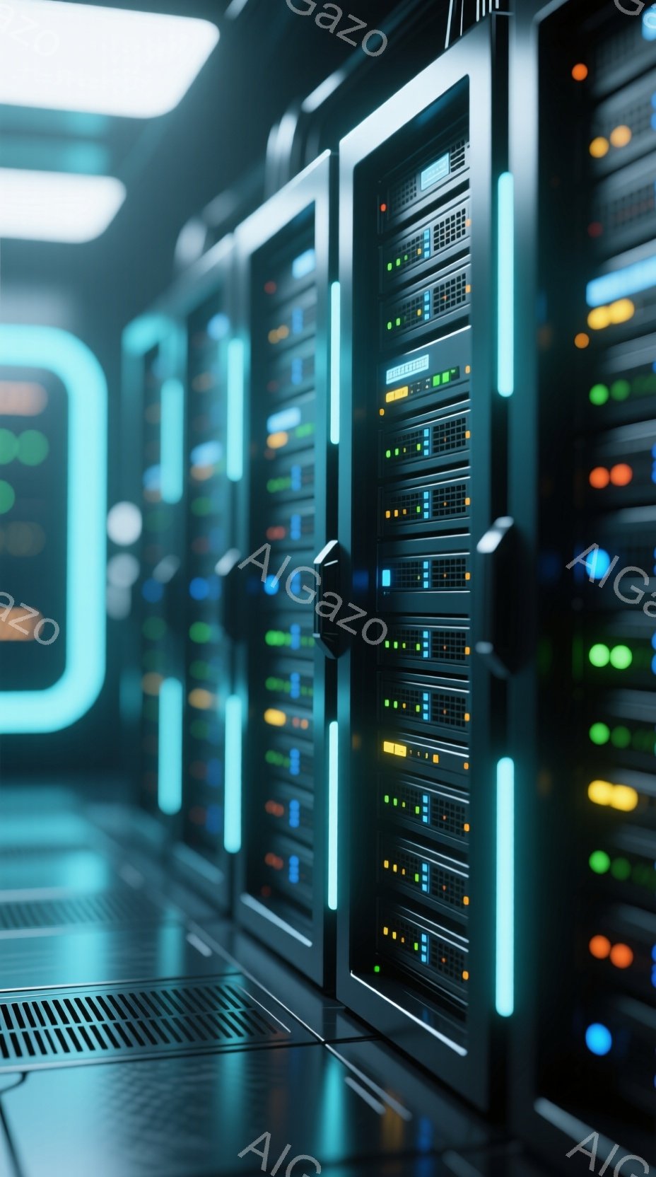 この画像は、青い光が照らすサーバーラックの密集した通路を描いています。各ラックは、さまざまな色の小さなライトで覆われ、稼働状態を示しています。床はグリッド状で反射しており、未来的なデータセンターの雰囲気を作り出しています。