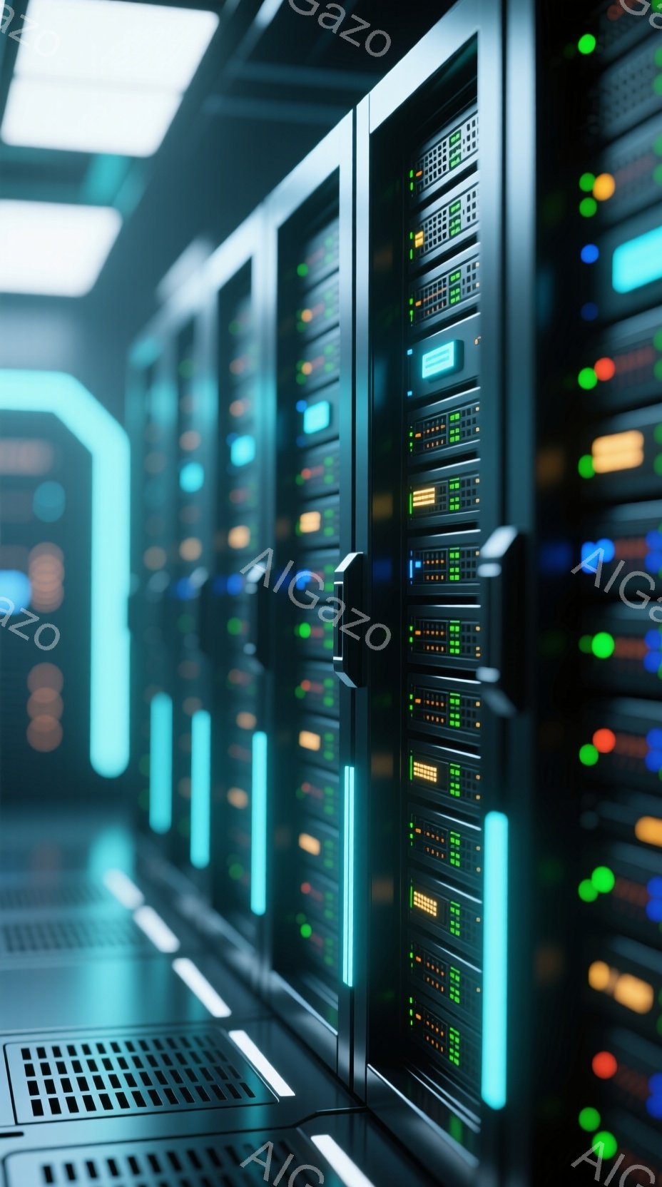 サーバーラックが縦に並んでおり、青、緑、オレンジのLEDライトが点灯し、未来的な雰囲気を醸し出しています。床には白いラインが引かれ、ラックが奥行きのある空間に配置されていることがわかります。この画像は、データセンターやITインフラストラクチャの内部を表していると思われます。