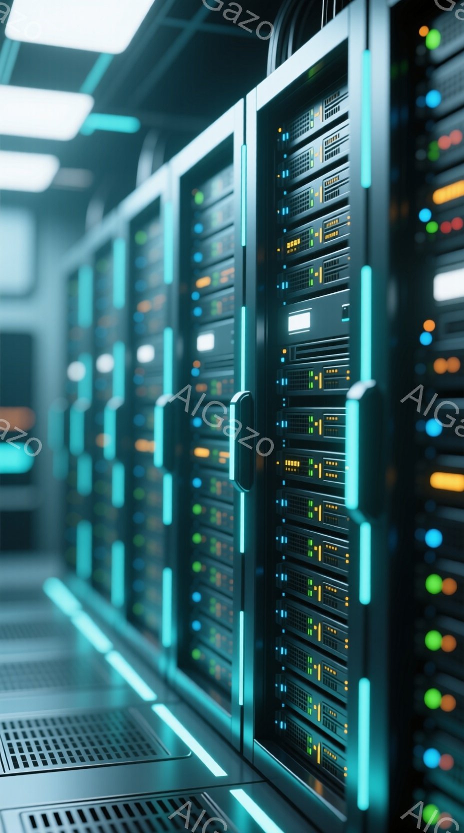 この画像は、青色の光が点滅するサーバーラックが密集したデータセンターの一角を示しています。ラックは垂直方向に長く、黒色の筐体に様々な色の小さなLEDライトが並んでおり、動作状況を示しています。全体的に、高技術で未来的な雰囲気であり、データの処理と保存が行われている場所であることがわかります。