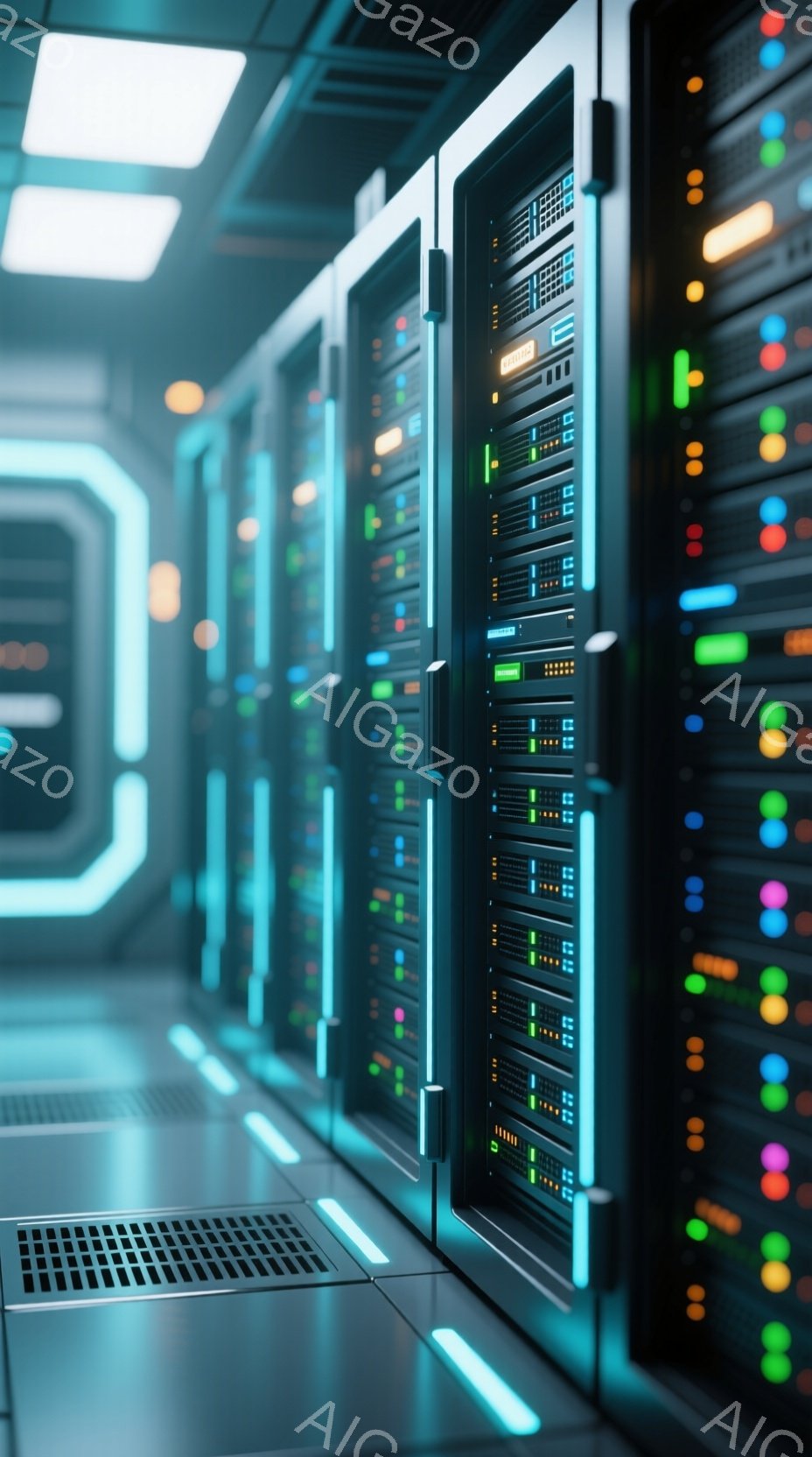 この画像は、データセンターのサーバーラックが並んだ廊下の様子を表しています。ラックは黒色で、さまざまな色のLEDライトが点滅しており、内部の活動を示しています。床は光沢があり反射的で、廊下には青色の照明が照らされており、未来的な雰囲気を醸し出しています。