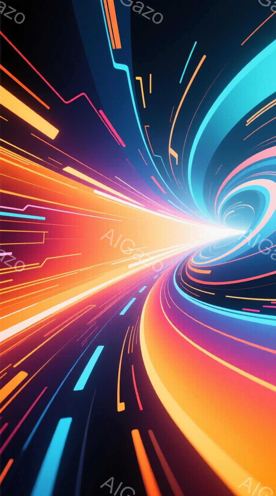 鮮やかな光の線が渦を巻いて集束し、まるで高速道路のようなトンネル状の空間を形成している。オレンジ、ピンク、青などの色彩が混ざり合い、ダイナミックで未来的な印象を与える。この空間は、速度感とエネルギーに - AI生成フリー素材