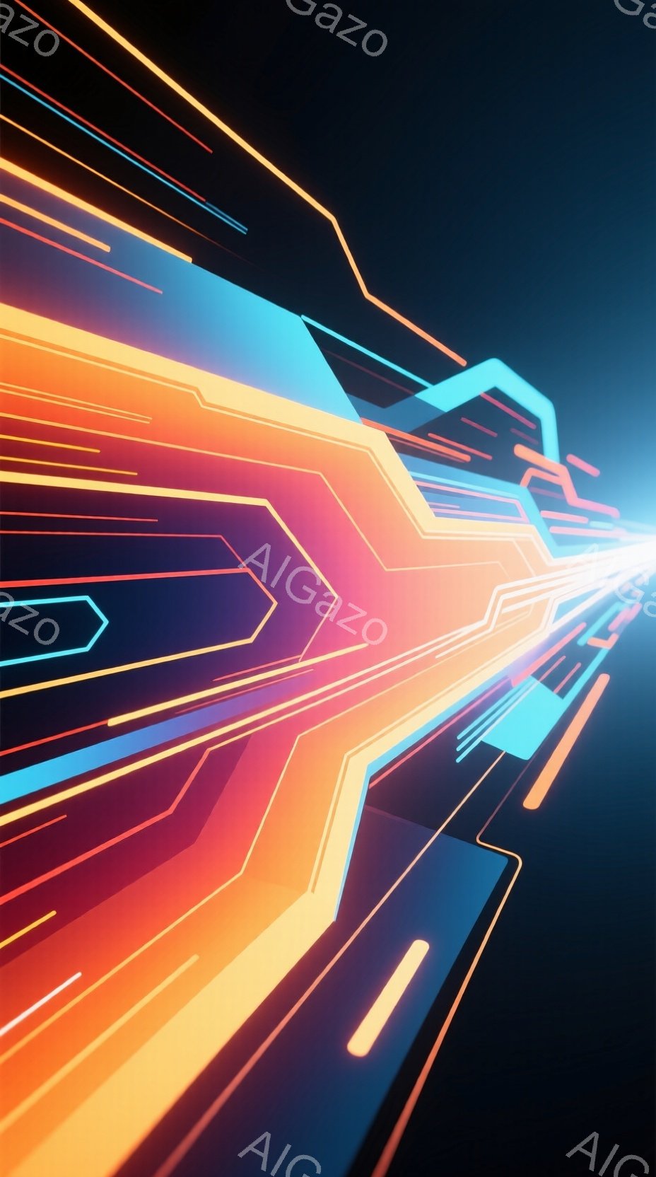 鮮やかなネオンカラーの光線が、暗い背景を駆け抜ける様子が描かれています。光線はオレンジ、青、白を基調とし、未来的な回路やエネルギーの流れを連想させます。全体的にスピード感と躍動感があり、サイバーパンクやSFの世界観を表現しているようです。
