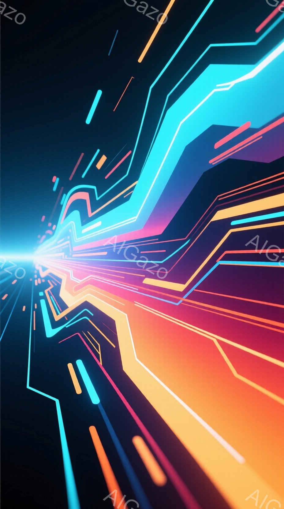 この画像は、鮮やかなネオンカラーの線が放射状に広がる抽象的な表現です。線は黒い背景の中に浮かび上がり、まるで高速で移動する光のトンネルのようです。全体的に未来的で、エネルギーに満ち溢れた雰囲気を感じさせます。