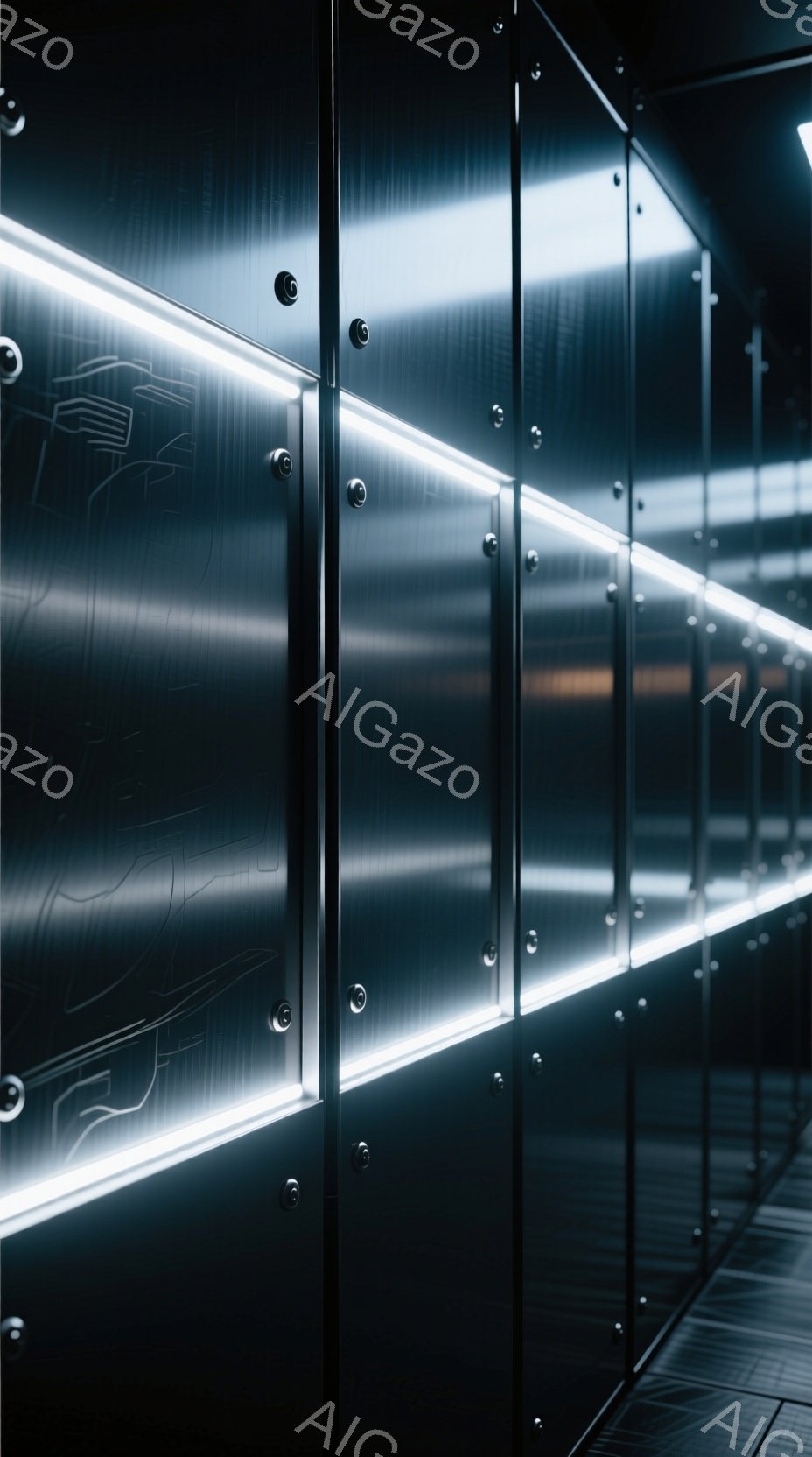 この画像は、未来的な金属製の壁が連続する廊下の様子を捉えています。壁面には、複雑な回路のような模様が刻まれ、明るい白色の光が流れるように配置されています。全体的に冷たく、無機質な雰囲気が漂い、SF映画に出てくる宇宙船内のような印象を与えます。