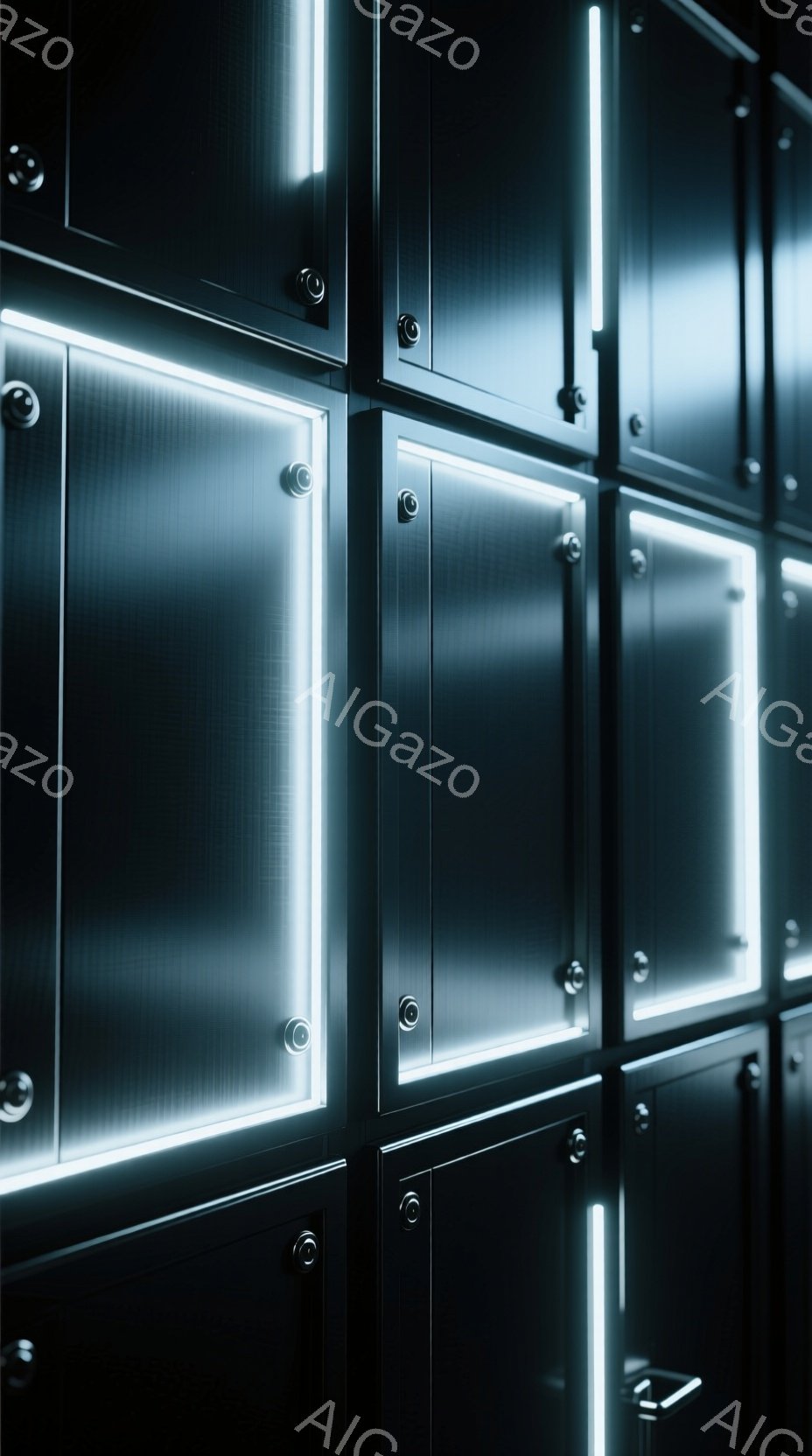画像は、垂直方向に配置された一連の黒い金属製のロッカーまたはパネルで構成されています。各パネルは、明るい白色の発光フレームで囲まれており、未来的でミニマリストな雰囲気を醸し出しています。パネルの表面には、規則的に配置された小さな丸い鋲が見られ、全体としてクールで産業的な印象を与えます。
