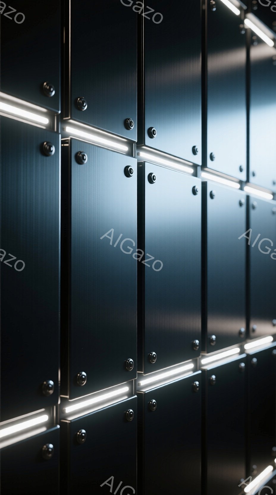 画像は、黒色の金属製のパネルが規則的に並んだ壁面を捉えています。各パネルには垂直方向に白い光のラインが走り、リベットのような装飾が配置されています。全体的に冷たく、未来的で、産業的な雰囲気を醸し出して - AI生成フリー素材