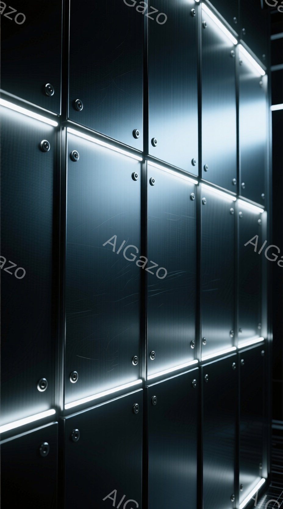 この画像は、金属製のパネルが規則的に並んだ壁面を捉えたものです。各パネルは暗い灰色で、明るい白いラインで縁取られており、未来的な印象を与えます。パネル表面には小さなボルトが配置され、無機質で工業的な雰囲気を醸し出しています。