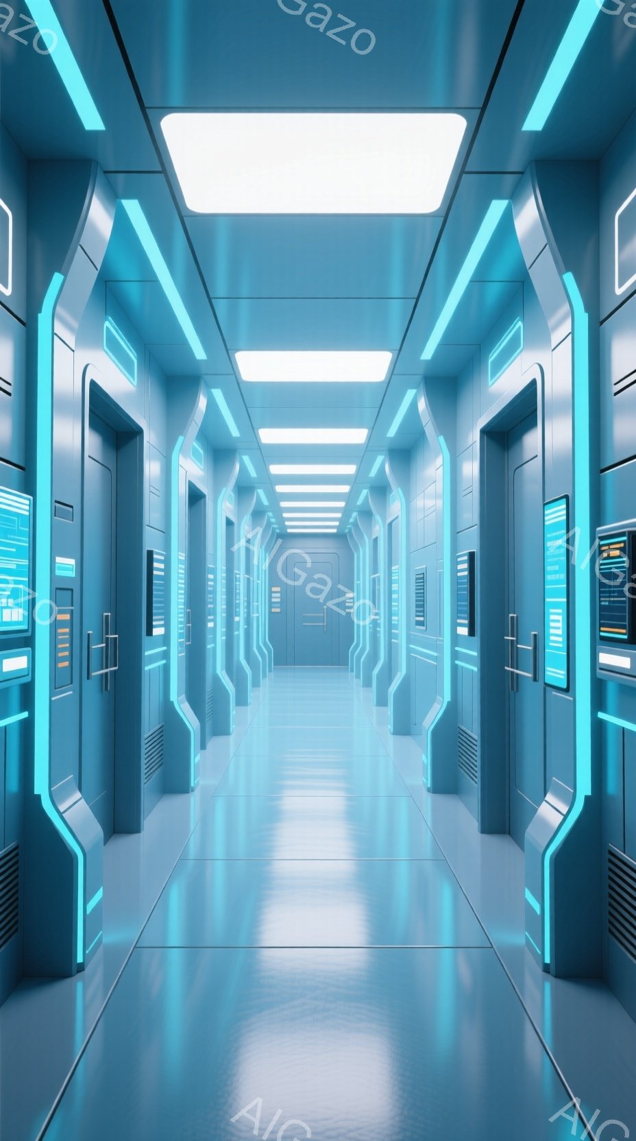 未来的な廊下が、青い光で照らされています。壁には、金属製のパネルと点灯しているディスプレイが規則的に並び、未来都市や宇宙船内部のような印象を与えます。床は光沢があり、光を反射して廊下の奥行きを強調して - AI生成フリー素材