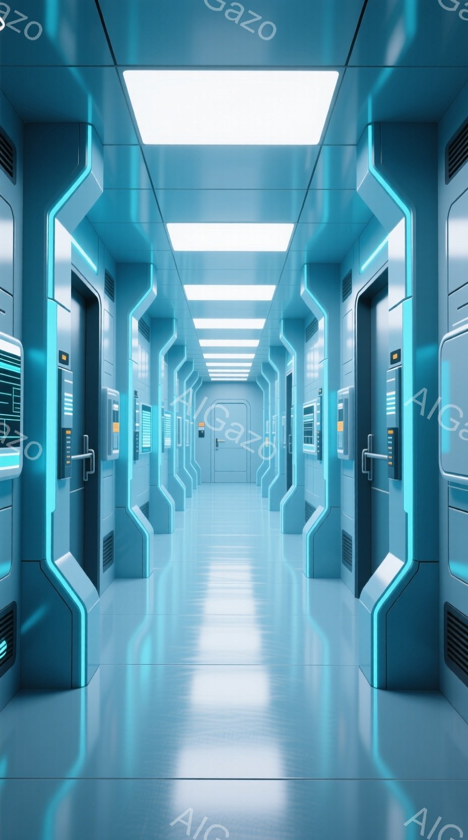 この画像は、未来的な青色の廊下が続く様子を描写している。壁には発光する青いラインが走り、金属製のドアが等間隔に並んでいる。床は光沢があり、天井には明るい白い照明が設置されており、全体的に清潔で無機質な - AI生成フリー素材