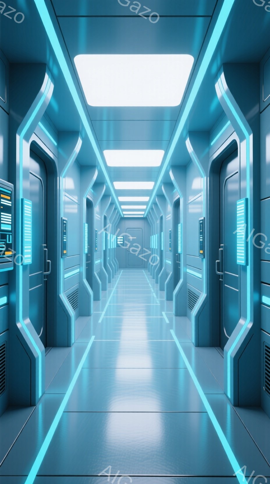 この画像は、未来的な青色の廊下を描いています。壁には明るい青色のラインが走っており、規則的に配置されたドアが両側にあります。廊下は遠近法により奥へと続いており、SF映画に出てくる宇宙船や基地内部の雰囲 - AI生成フリー素材