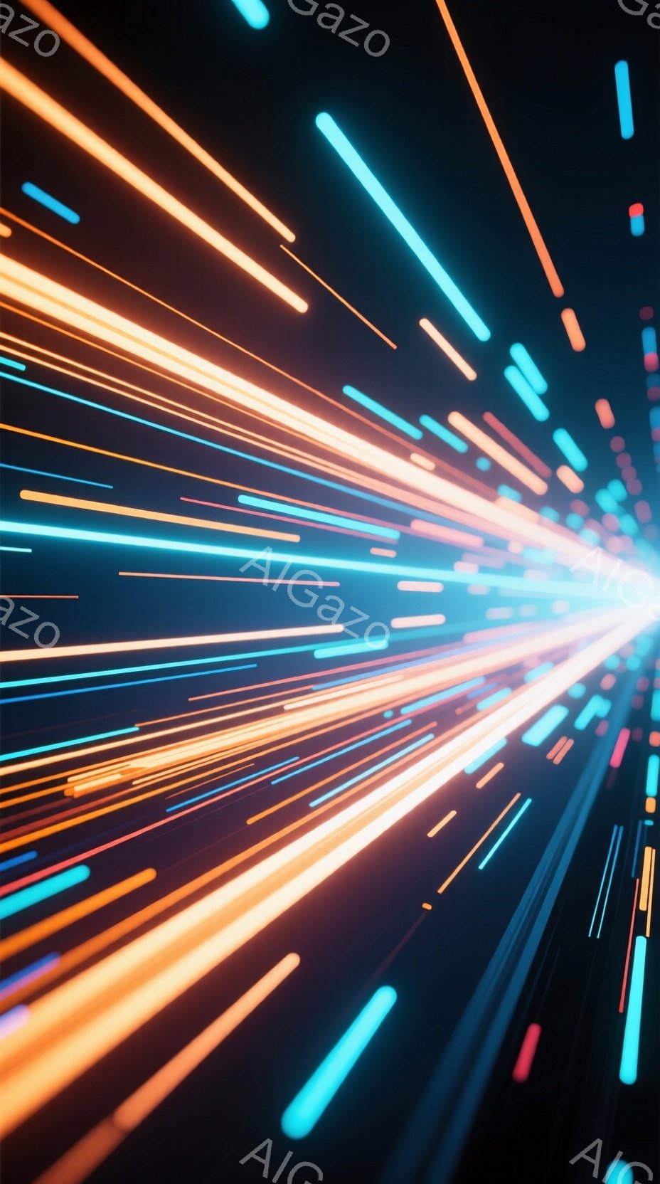 鮮やかな光の線が集中消失点に向かって放射状に広がっている様子が描かれています。オレンジ、青、緑などの色彩が混ざり合い、高速移動や未来的なトンネルを連想させるダイナミックな光景です。全体的に、エネルギー - AI生成フリー素材