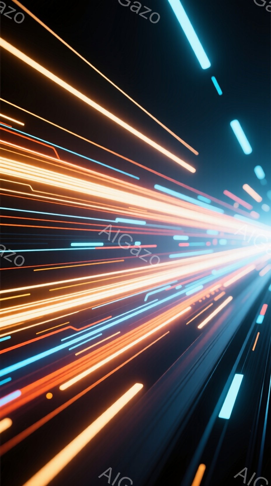 この画像は、高速で移動するような視覚効果を生み出す、強烈な光の線が特徴です。オレンジ、黄色、青色の光の帯が、遠近法を利用して急速に一点に向かって収束し、未来的なスピード感とエネルギーを感じさせます。暗 - AI生成フリー素材