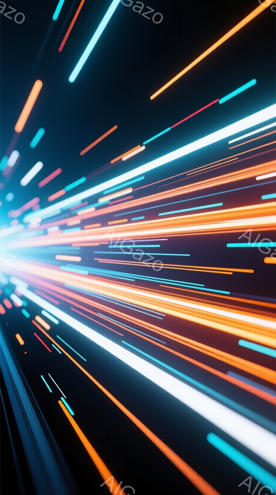 鮮やかな光の線が放射状に広がっている抽象的な画像です。オレンジ、青、白などの色が混ざり合い、まるで高速で移動する光のトンネルのようです。背景は暗く、光の軌跡が際立っており、未来的なスピード感とエネルギ - AI生成フリー素材