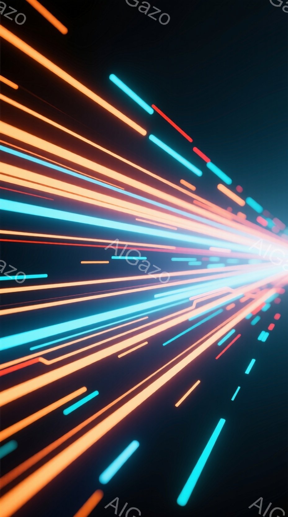 漆黒の背景を背景に、無数の光の線が一点から放射状に広がっている様子が描かれている。オレンジや水色といった鮮やかな色彩が、スピード感とエネルギーを感じさせるダイナミックな光景を作り出している。まるで光速 - AI生成フリー素材