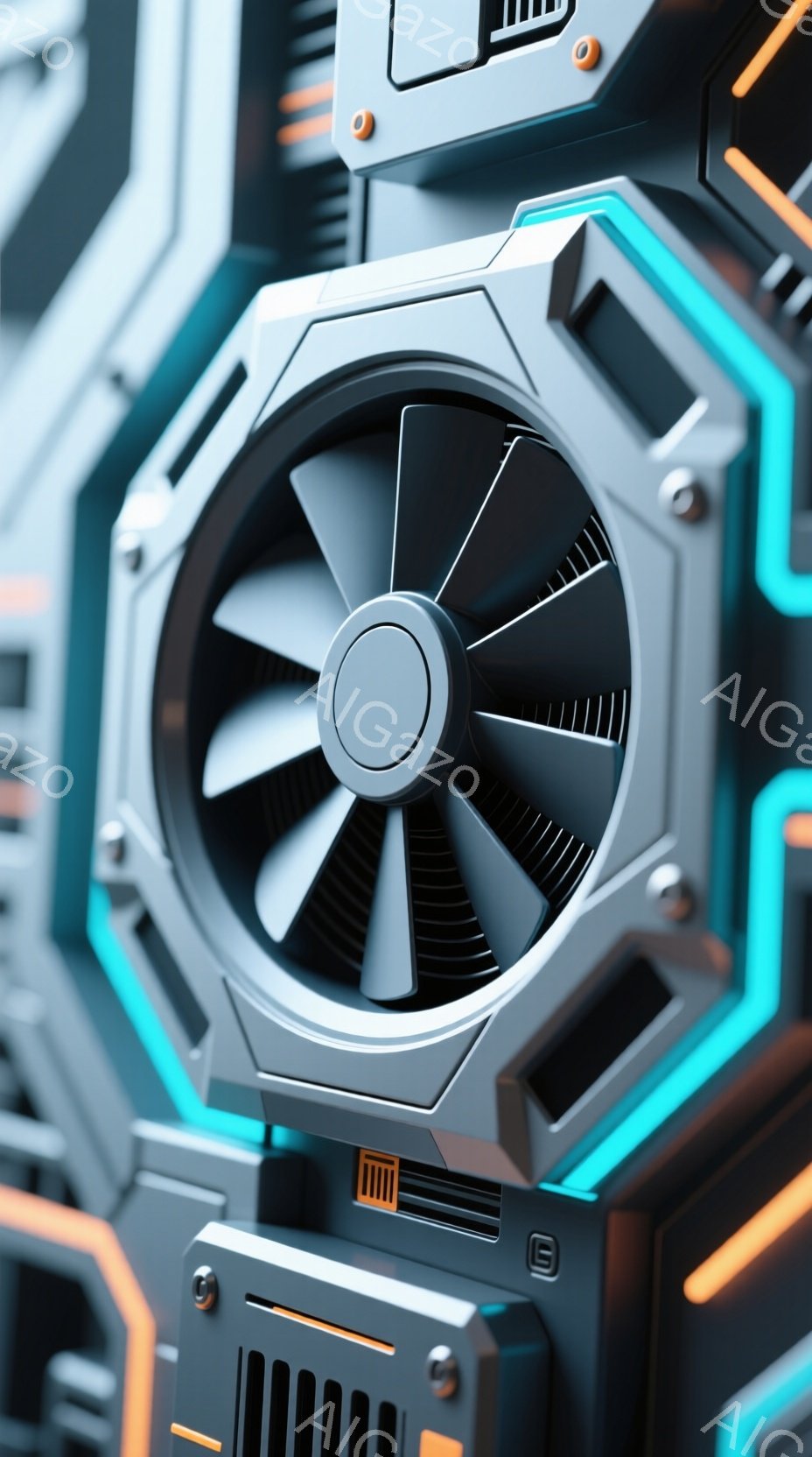 画像は、近未来的なデザインの冷却ファンのクローズアップです。灰色の筐体は複雑な幾何学模様で構成され、鮮やかなターコイズブルーとオレンジ色の光で縁取られています。ファンブレードは金属製で、内部構造が詳細に表現され、高度な技術と冷却性能を暗示しています。