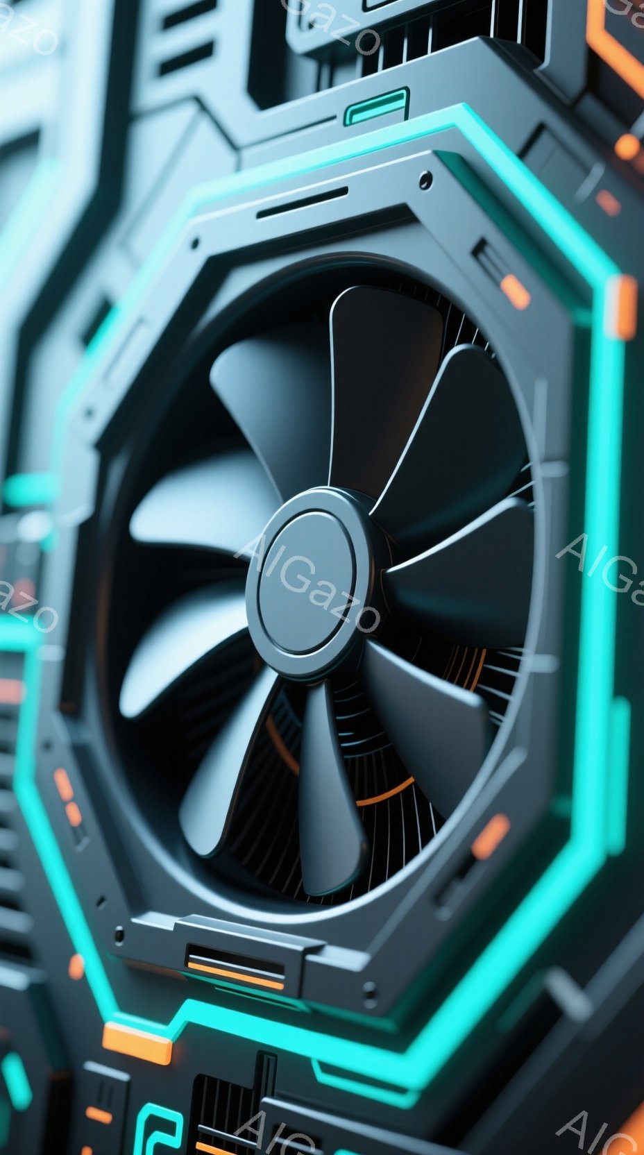 この画像は、複雑なデザインの冷却ファンのクローズアップです。ファンは黒色で、周囲にターコイズブルーの光る装飾が施されており、オレンジ色のアクセントが加わっています。全体的に未来的な、技術的な雰囲気で、高性能な電子機器の一部であるように見えます。