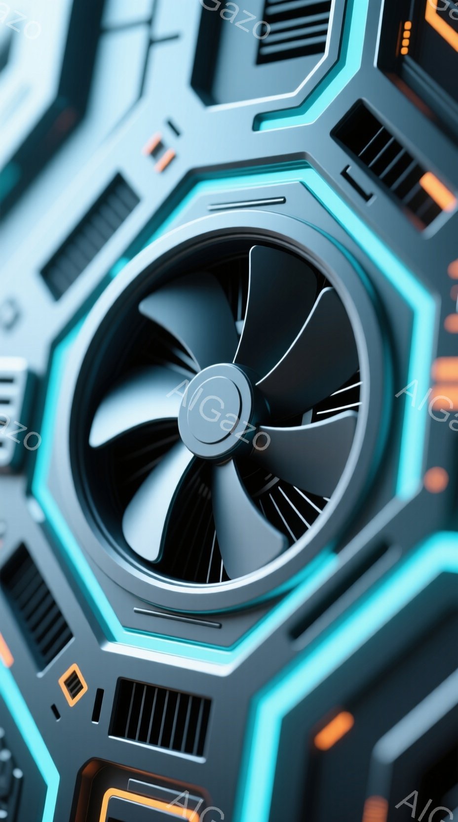 画像は、青い発光ラインとオレンジのアクセントが特徴的な、未来的な機械内部のクローズアップです。中央には黒色のプロペラ状のファンがあり、その周りには幾何学的な形状と通気口が配置されています。全体的に、高性能な機械装置の内部構造を強調した、技術的で近未来的な雰囲気が漂います。