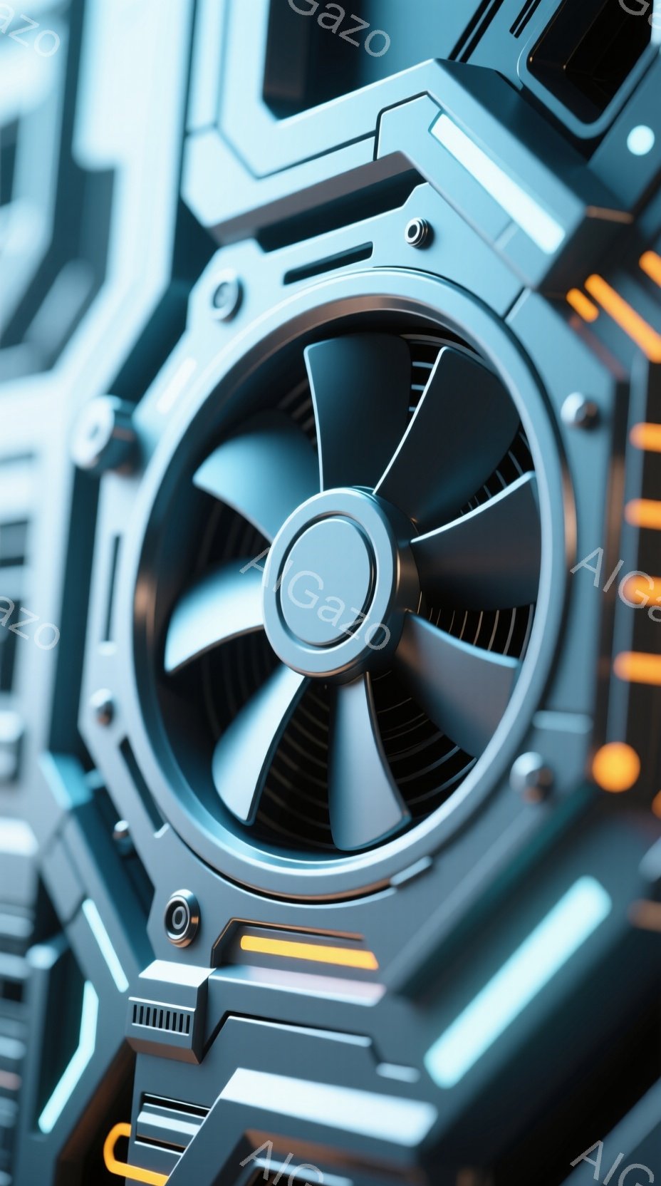 この画像は、複雑なメカニカルなデザインの一部をクローズアップしたものです。銀色の金属製のファンが中央にあり、周囲には幾何学的な模様とネオンオレンジ色のラインが走るパーツが配置されています。全体的に未来 - AI生成フリー素材