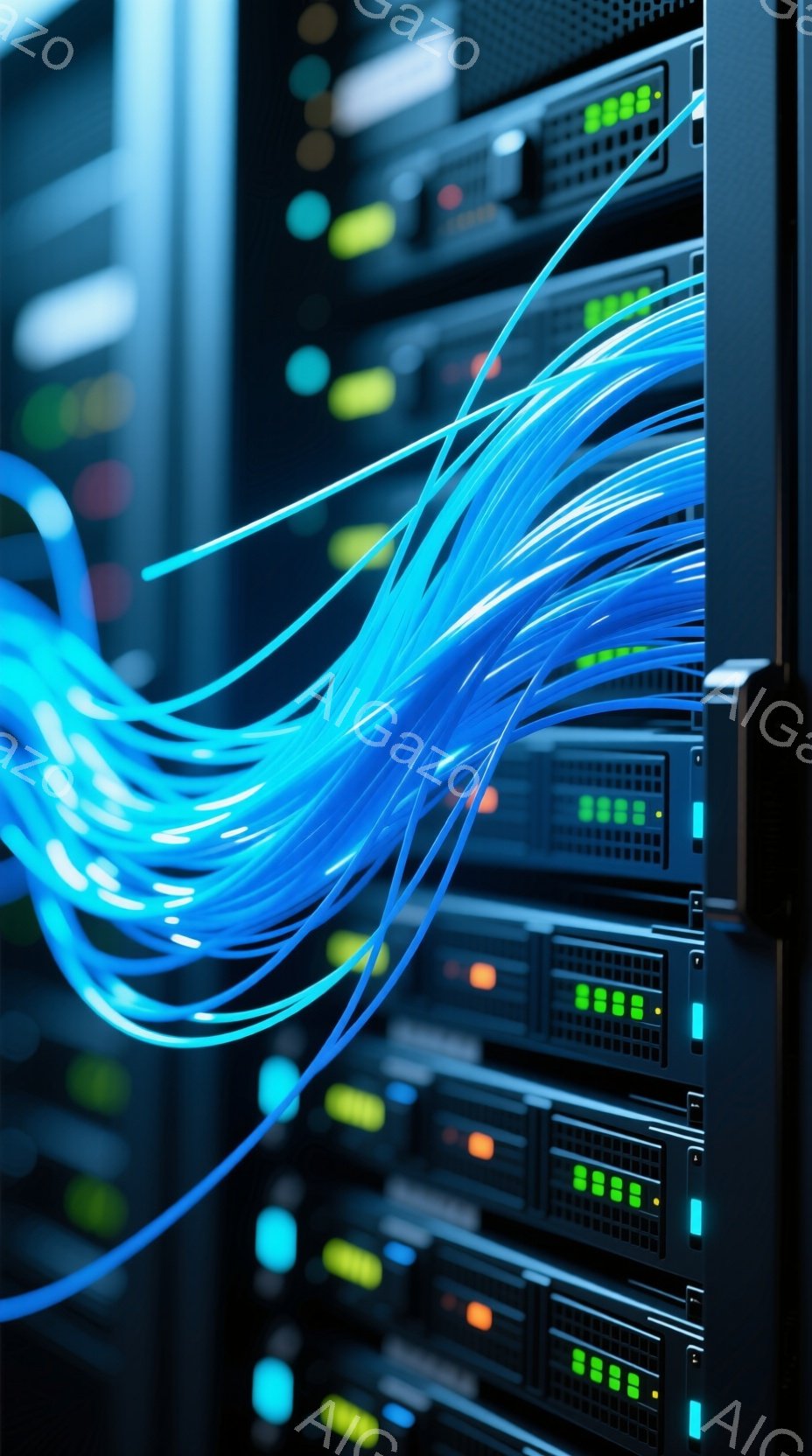 画像はサーバーラックの正面を捉えており、多数の青色のケーブルが画面上部から滝のように流れ落ちています。ラック自体は黒色で、様々な機器が縦に並んでおり、それぞれが緑色と赤色の小さなライトで点滅しています。全体的に、データセンターやネットワークインフラの視覚的な表現であり、技術的な雰囲気と速度感を強調しています。