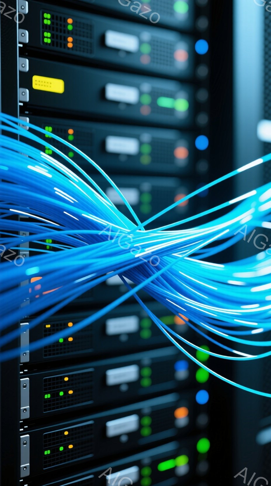 サーバーラックが密に並び、多数のケーブルが絡み合って前景を占めている。各サーバーには緑や黄色のLEDが点灯しており、稼働状況を示している。全体的に暗い背景と鮮やかなケーブルのコントラストが、技術的なインフラストラクチャの複雑さと活力を表現している。
