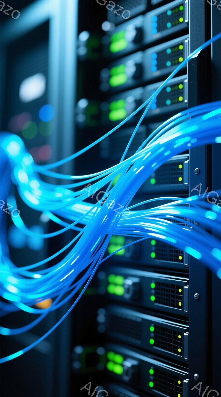 鮮やかな青色のケーブルが密集して絡み合い、サーバーラックの前面を覆っています。ラック自体は黒色で、多数の小さな緑色のランプが点灯しており、稼働状況を示しています。全体的に、データセンターや通信インフラの内部を垣間見たような、技術的な印象を与える画像です。