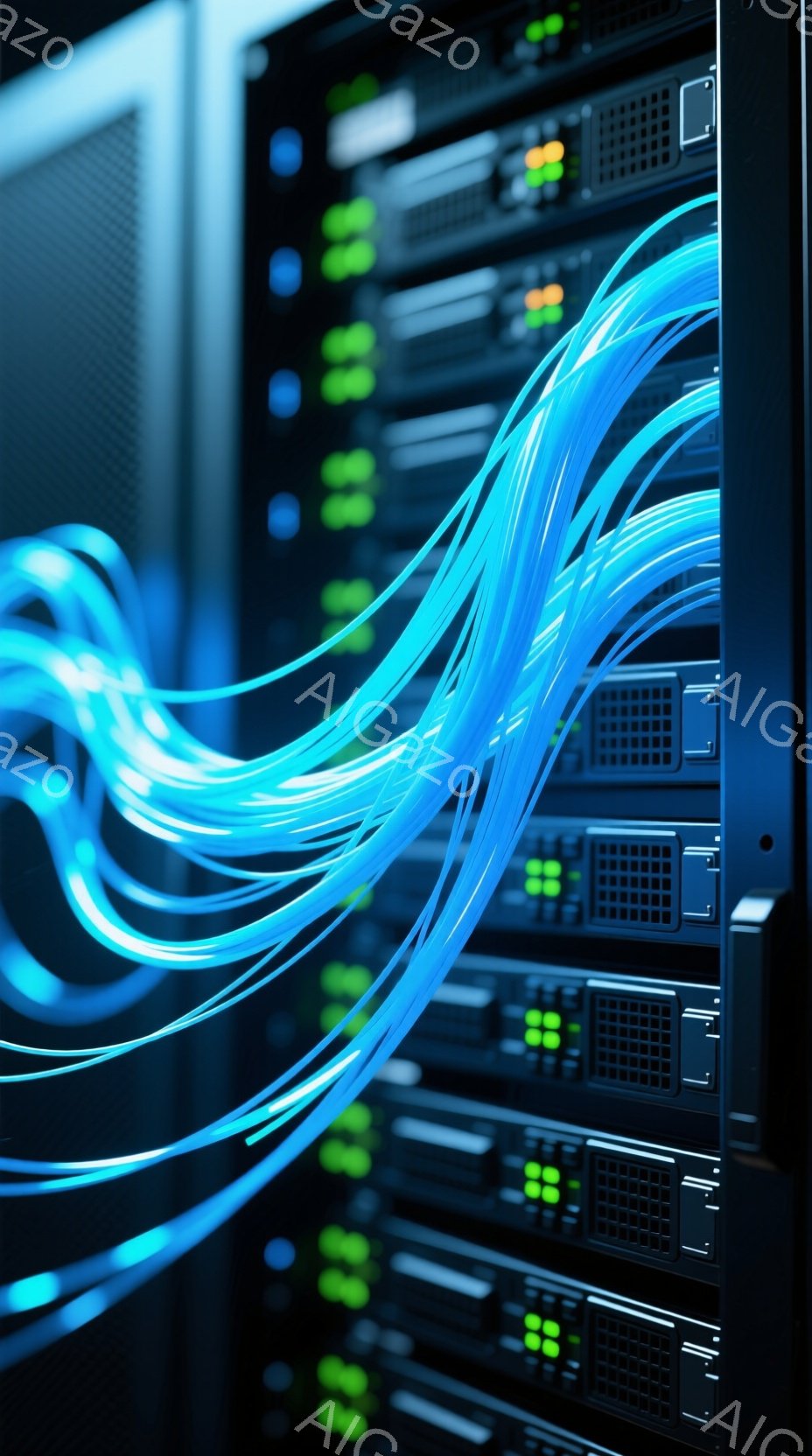 サーバーラックが密集しており、多数のケーブルが絡み合って流れています。ラックには緑色のインジケーターライトが点灯しており、稼働していることを示しています。全体的に、技術的で未来的な雰囲気を醸し出してお - AI生成フリー素材