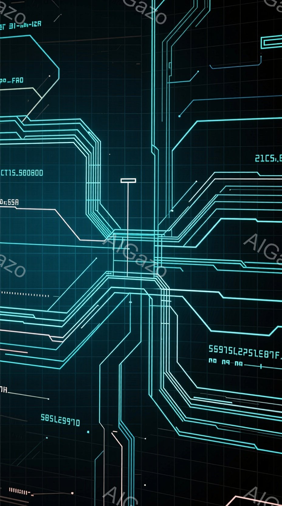 鮮やかなターコイズブルーの光が、暗い黒色の背景に複雑な回路図のようなパターンを描き出しています。細い線が交差し、まるで電子機器の内部構造や未来的な都市の地図を思わせる幾何学的なデザインが広がっています - AI生成フリー素材