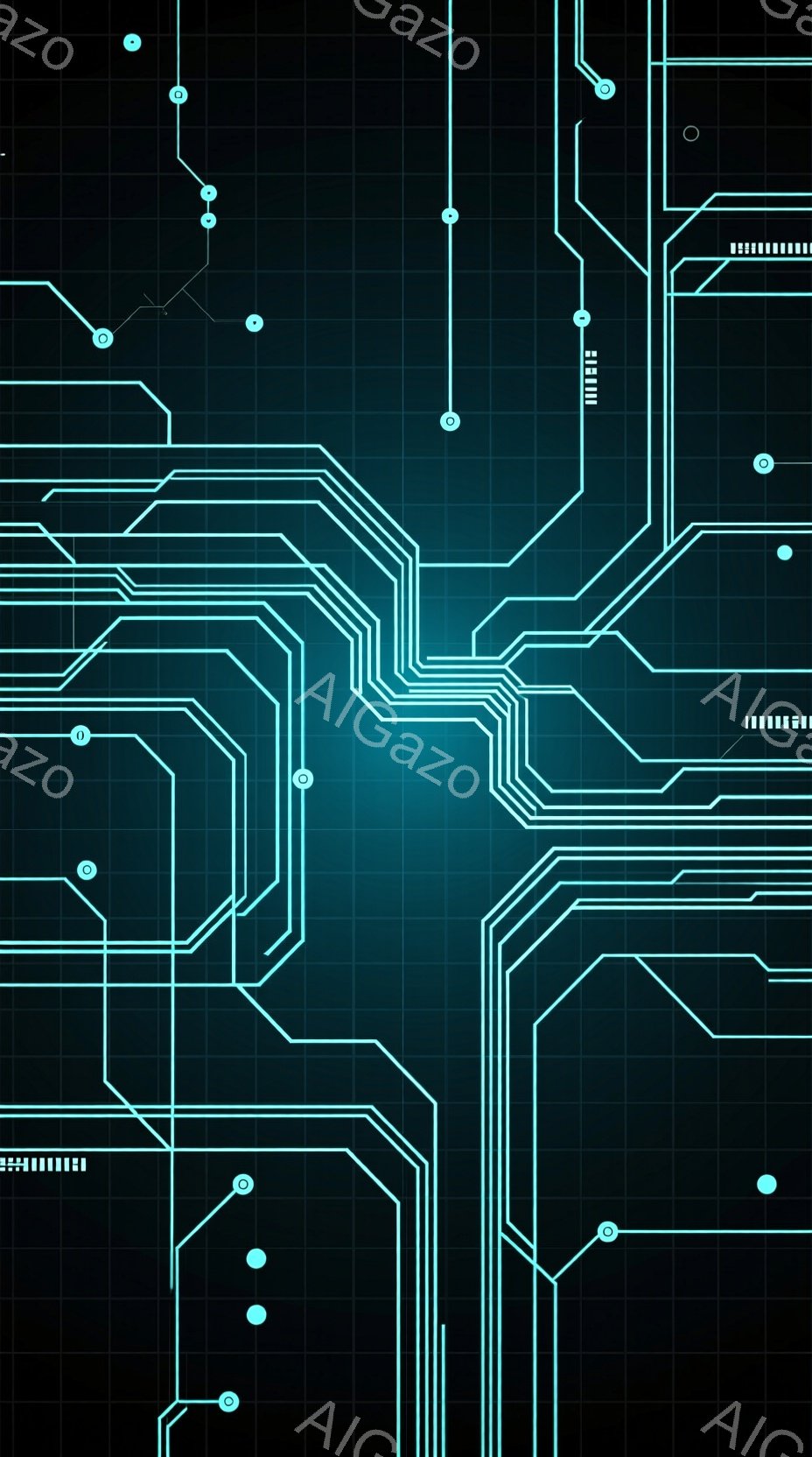 鮮やかな青色の背景に、白い細い線で構成された回路図のような模様が広がっています。線は複雑に絡み合い、所々に小さな白い円形の点が配置されています。全体として未来的なテクノロジーを連想させる、クールで洗練 - AI生成フリー素材