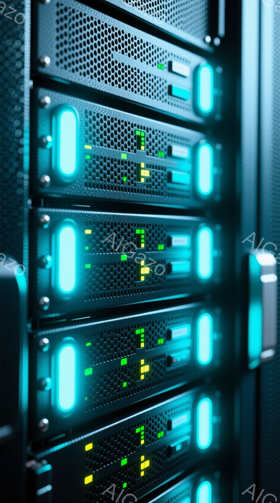 画像はサーバーラックの正面を捉えており、多数のサーバーユニットが縦に並んでいます。各ユニットはメッシュ状の金属パネルで覆われ、青緑色の発光ダイオード（LED）が点灯しており、稼働状況を示すインジケーターとして機能しています。全体的に、データセンターやネットワークインフラストラクチャの内部を連想させる、技術的で未来的な雰囲気です。