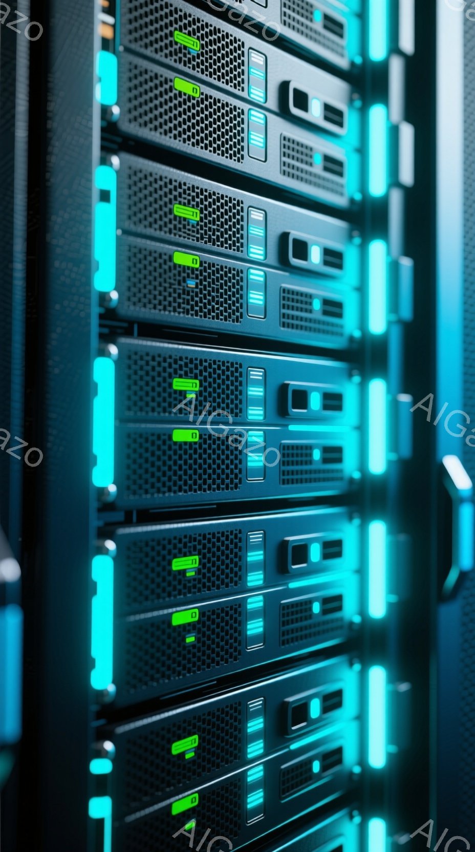 画像は、青緑色の光を放つサーバーラックの密集した列を示しています。各サーバーユニットは、通気用のパンチング金属と正面に小さなディスプレイを備えており、緑色の状態インジケーターが表示されています。全体的 - AI生成フリー素材