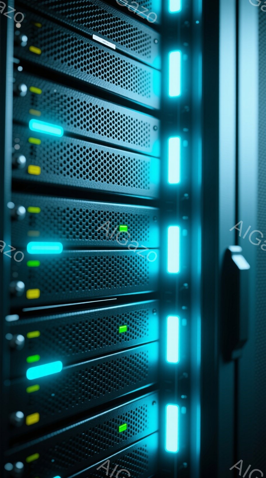 この画像は、サーバーラックの側面を捉えたクローズアップです。黒色の金属製の筐体が縦に並び、多数の通気孔が特徴的です。青緑色のLEDライトが各筐体の前面を照らし、一部には黄色のライトも点灯しており、システムの稼働状況を示唆する近未来的な雰囲気を醸し出しています。