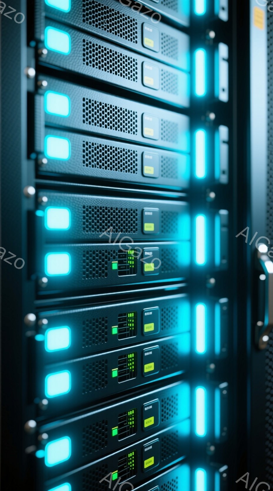 この画像は、サーバーラックの正面を捉えたもので、青い発光ダイオード（LED）が点灯している多数のサーバーユニットが密集して並んでいます。各ユニットには、緑色の点滅するインジケーターライトと、黄色のステータス表示があります。全体的に、データセンターやネットワークインフラストラクチャの内部を想起させる、技術的で未来的な雰囲気です。