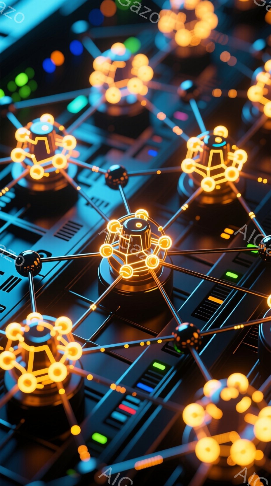 この画像は、暗い背景に複雑な機械的な構造が描かれています。オレンジ色の光を放つ球体と、それらをつなぐ細い線が、まるで神経回路網のように広がっています。全体的に未来的な雰囲気で、テクノロジーや科学の進歩 - AI生成フリー素材