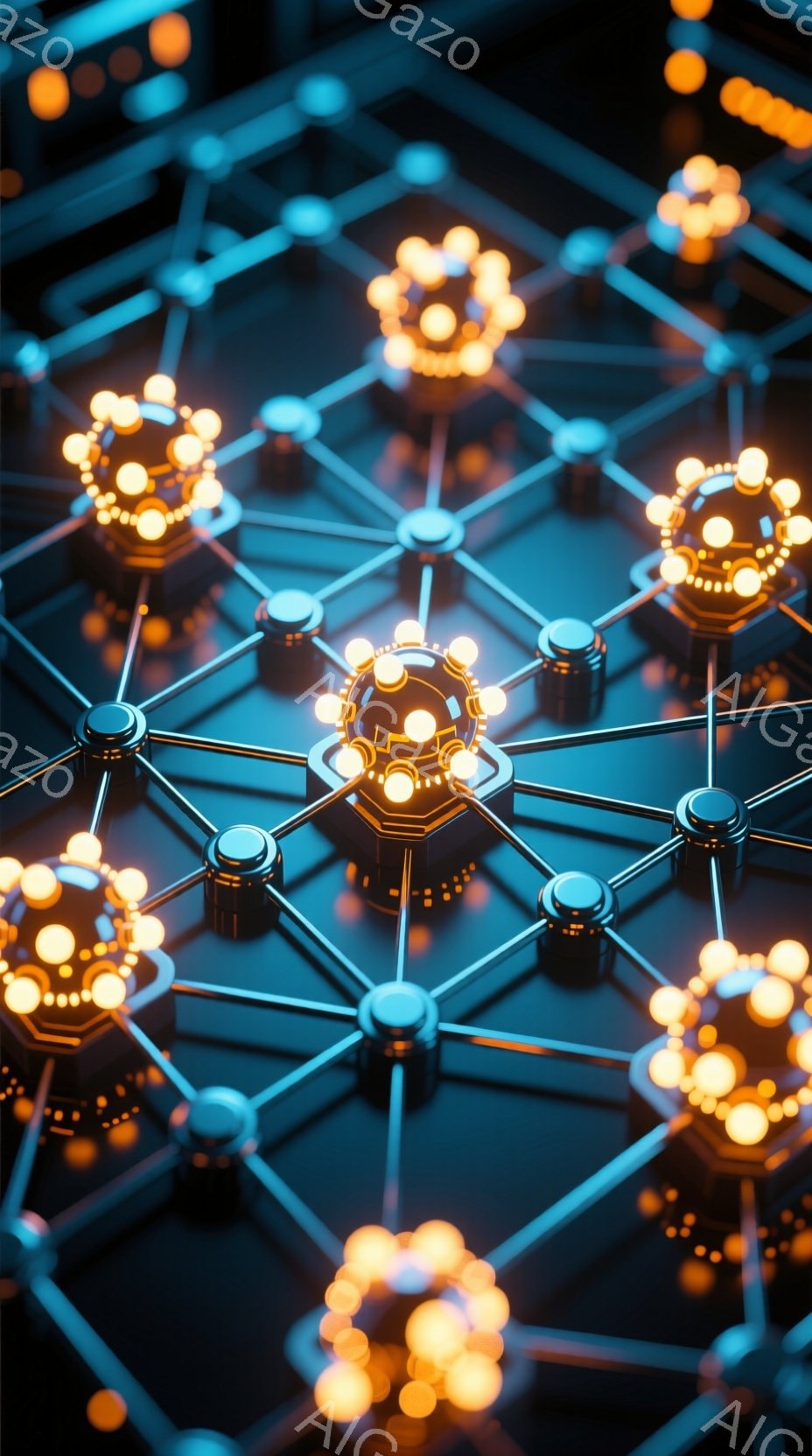 この画像は、光る円形のネットワークで構成された抽象的な表現です。各円は複雑なデザインで光を放ち、まるで小さな太陽のようです。背景は暗く、ネットワークの光が際立ち、未来的な印象を与えます。