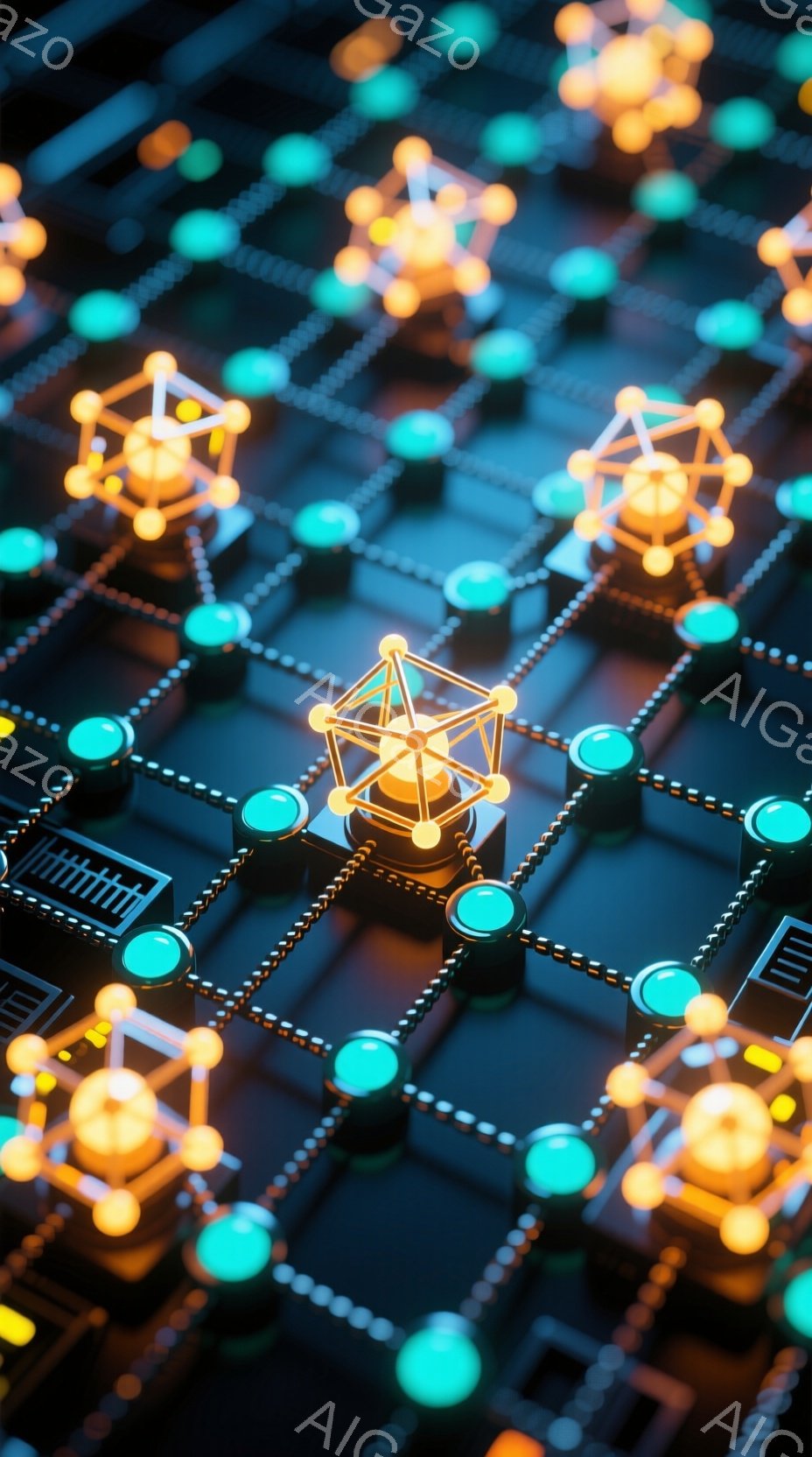 この画像は、暗い背景に浮かび上がる、複雑なネットワーク構造を表現しています。球体と光る線で構成された立体的な構造物が多数配置され、まるで未来都市の回路図のような印象を与えます。全体的に、デジタル技術、接続性、そして複雑さを連想させる、洗練された雰囲気です。