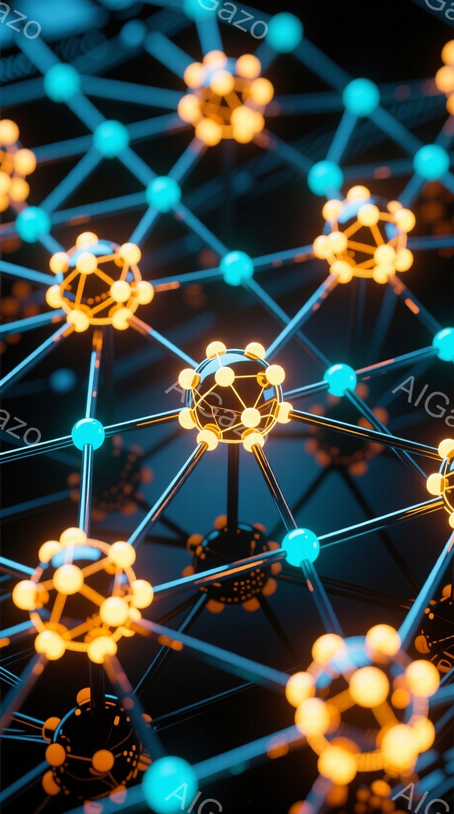 画像は、複雑なネットワーク構造を表現した抽象的な3Dレンダリングです。輝くオレンジと青の球体が、細い黒い線で結ばれ、未来的な繋がりを視覚的に表しています。暗い背景と光のコントラストが、科学的で革新的な雰囲気を強調しています。