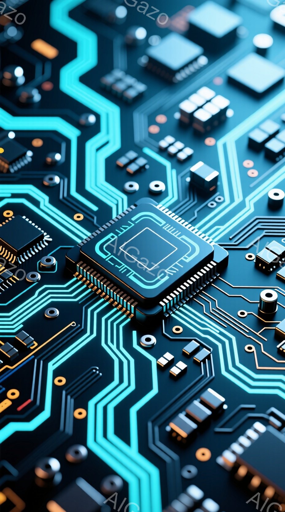 この画像は、回路基板のクローズアップであり、複雑な金色の配線と黒い電子部品が特徴です。明るい青色の光が配線を際立たせ、技術的な精密さを強調しています。全体的に、未来的なテクノロジーと電子機器の内部構造 - AI生成フリー素材