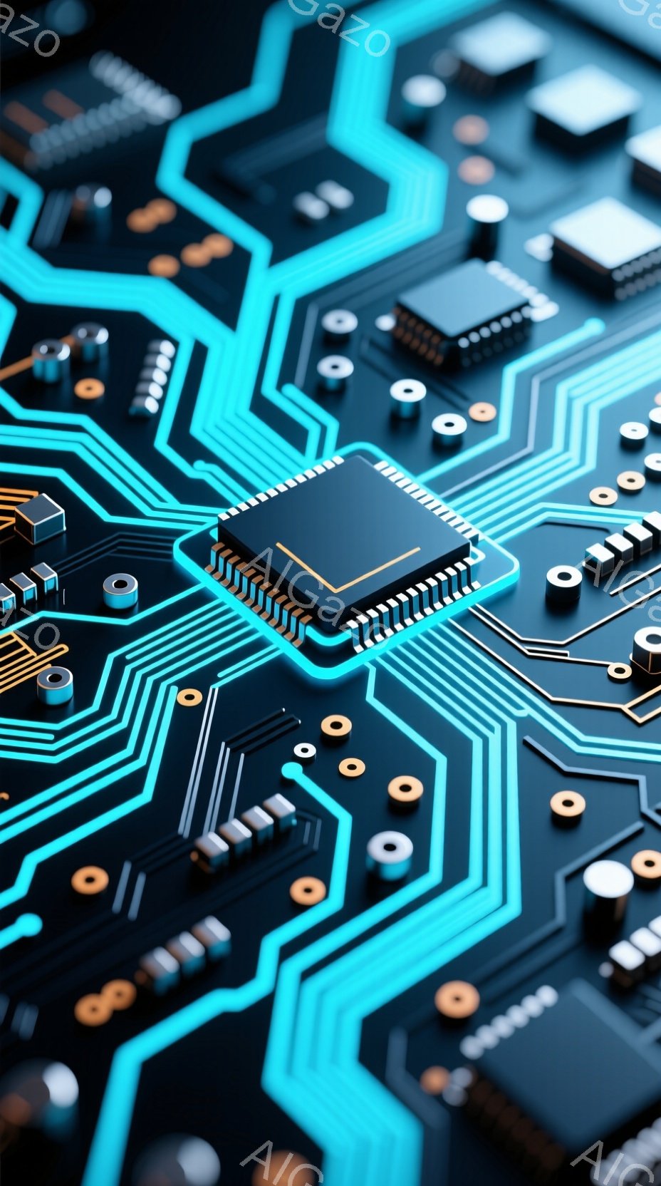 この画像は、複雑な回路基板をクローズアップしたものです。鮮やかなターコイズブルーの線が、黒い基盤の上を迷路のように走り、様々な電子部品が配置されています。基板中央には、銀色の大きなICチップが配置され、最先端技術を象徴しています。