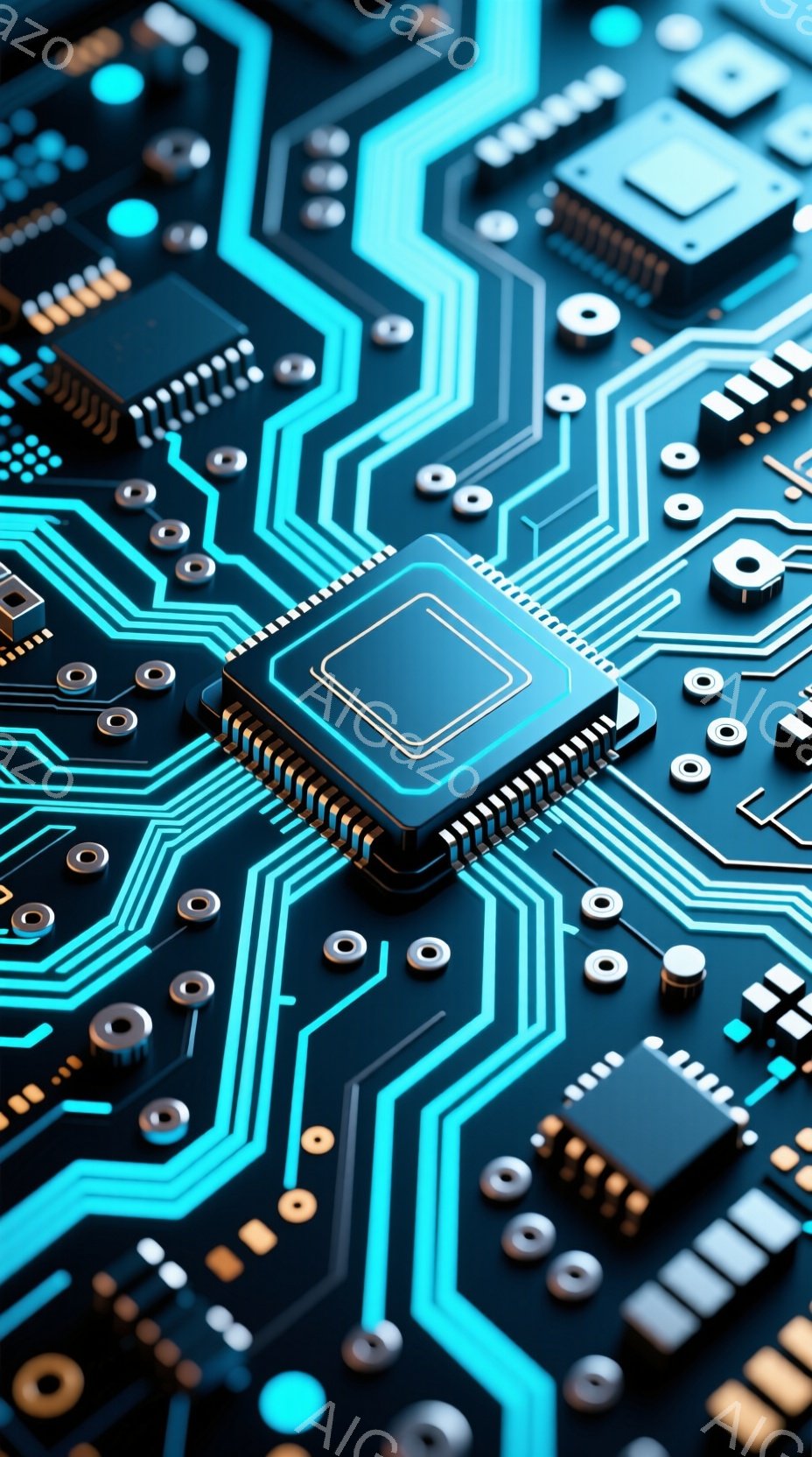 この画像は、複雑な電子回路基板のクローズアップです。鮮やかな青色の配線が黒色の基板上を網の目のように走り、中央には銀色のチップが配置されています。チップの周りには様々な電子部品が精密に配置され、未来的 - AI生成フリー素材