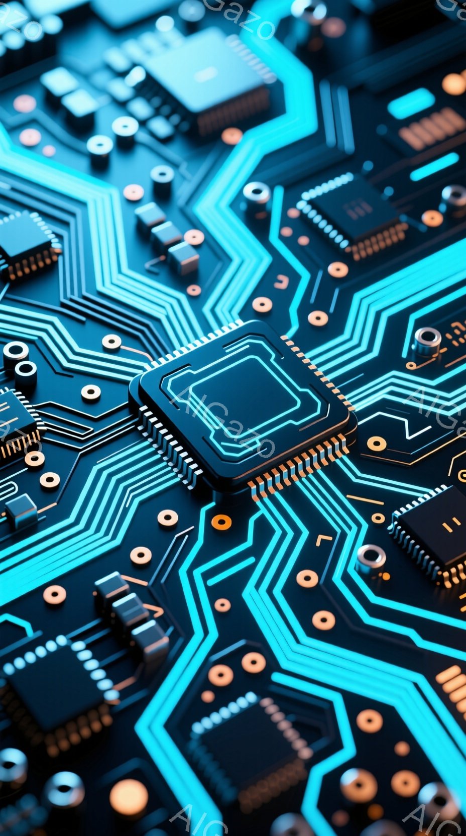 この画像は、複雑な回路基板のクローズアップです。青色の光が基板のパターンを強調し、様々な電子部品が整然と配置されています。全体的に、ハイテクで未来的な印象を与えます。 - AI生成フリー素材