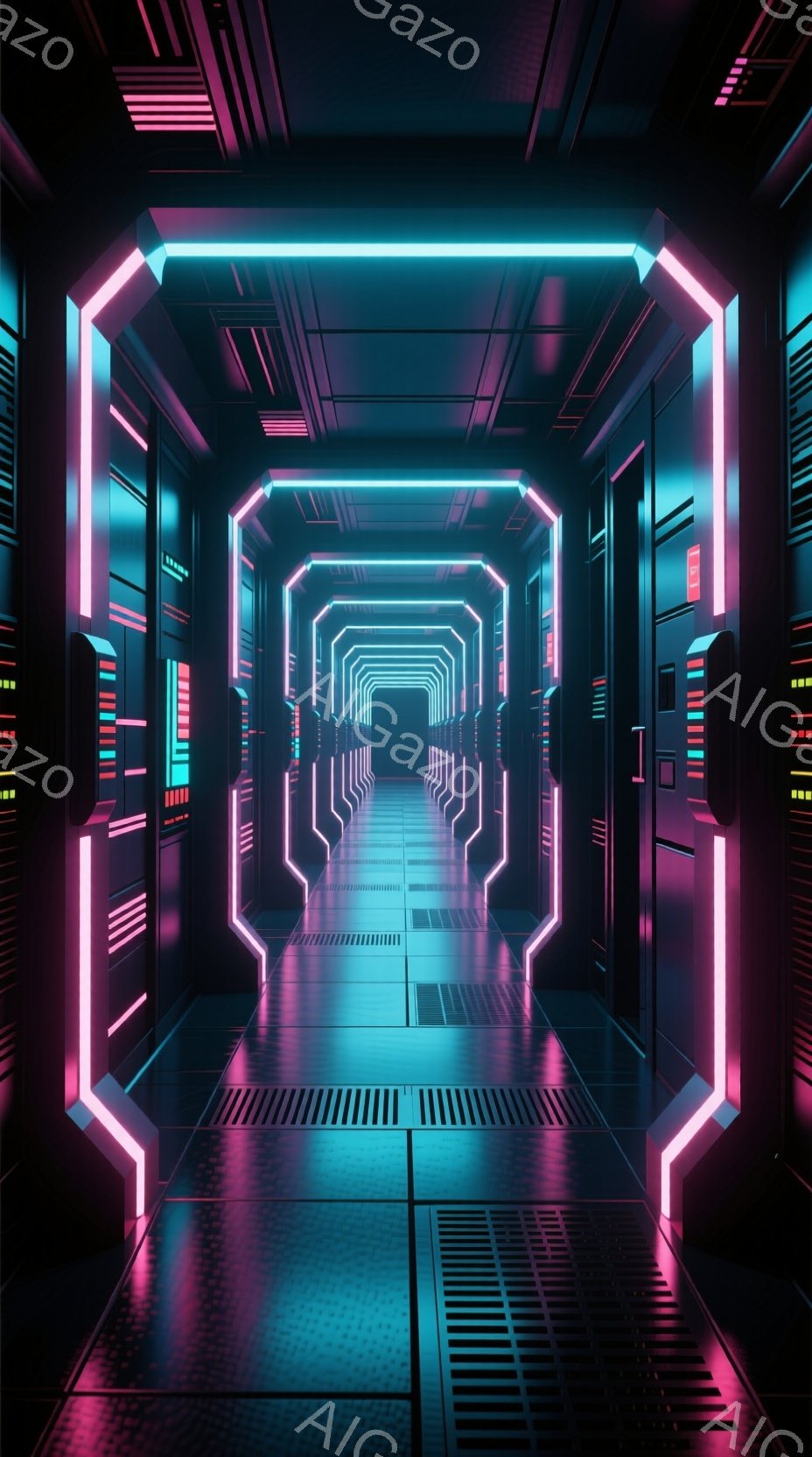 この画像は、未来的なトンネルまたは廊下の内部を描写しており、ネオンピンクと青色の光が特徴的です。床は金属製のグレーティングで覆われ、壁面には複雑な構造と光るパネルが並んでいます。この空間は、無限に続く - AI生成フリー素材