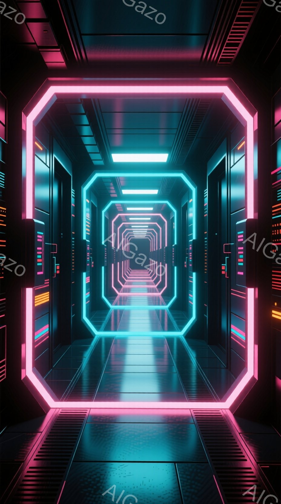 この画像は、未来的なトンネルまたは通路の内部を描写しています。通路は黒い壁で構成され、ネオンピンクとターコイズブルーの光で縁取られ、内部を照らしています。床は金属製で、光を反射し、未来的な雰囲気を強調 - AI生成フリー素材