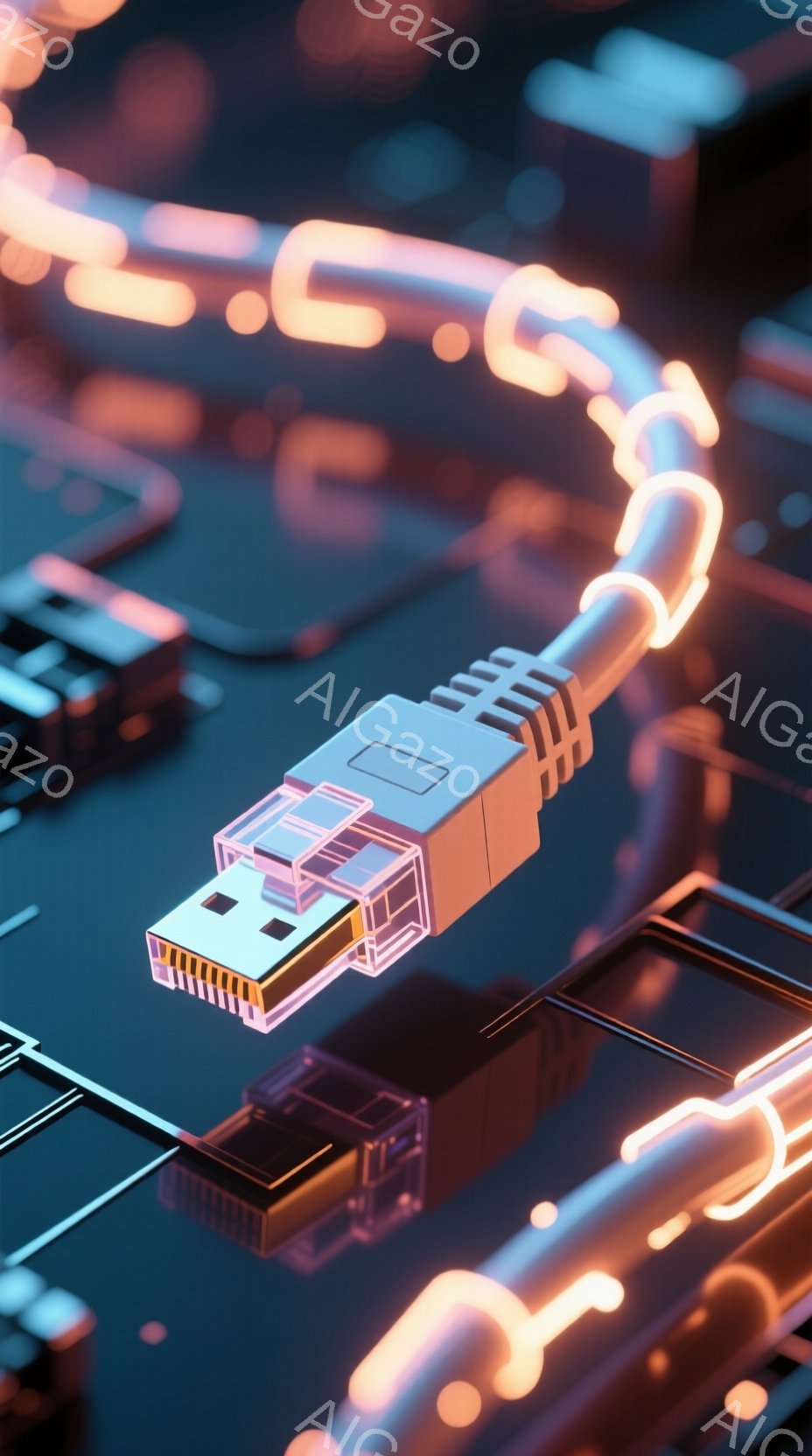 この画像は、青色の基盤の上に配置されたUSBケーブルとネットワークケーブルを示している。ケーブルは鮮やかなオレンジ色の光で強調され、未来的な印象を与える。背景は抽象的な回路基板のようなパターンで、テクノロジーと接続性を象徴している。