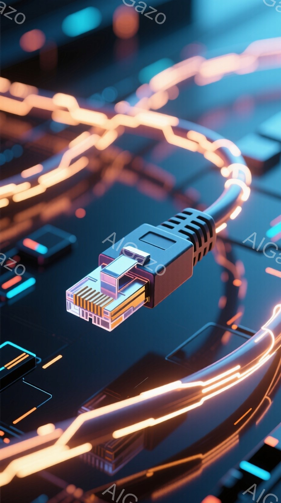 画像は、青色の背景に、オレンジ色の光の線が複雑に絡み合うサイバーパンク風の抽象的な構成です。中央には、ネットワークケーブルのプラグが鮮やかに配置されており、未来的なテクノロジーのイメージを強調しています。全体的に、鮮やかな色彩と光の表現が、スピード感と革新的な雰囲気を醸し出しています。